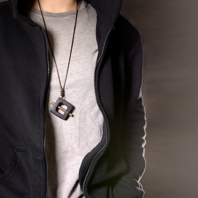 Geometric Ebony and Hammered Brass Wooden Necklace