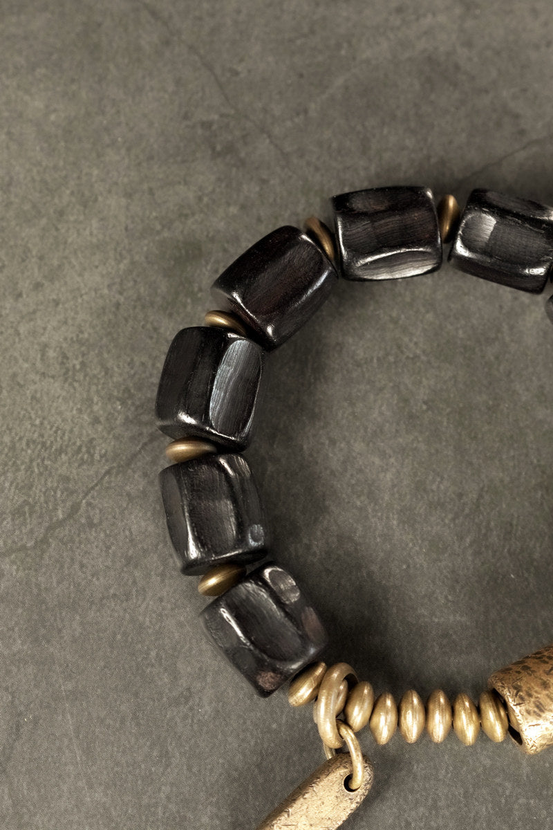 Hand-Carved Ebony Wood & Coiled Brass Bracelet (Vintage Men's Style)
