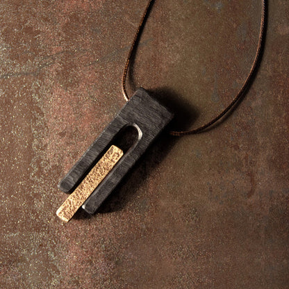 Artisan Hammered Brass and Ebony Vintage Wood Necklace