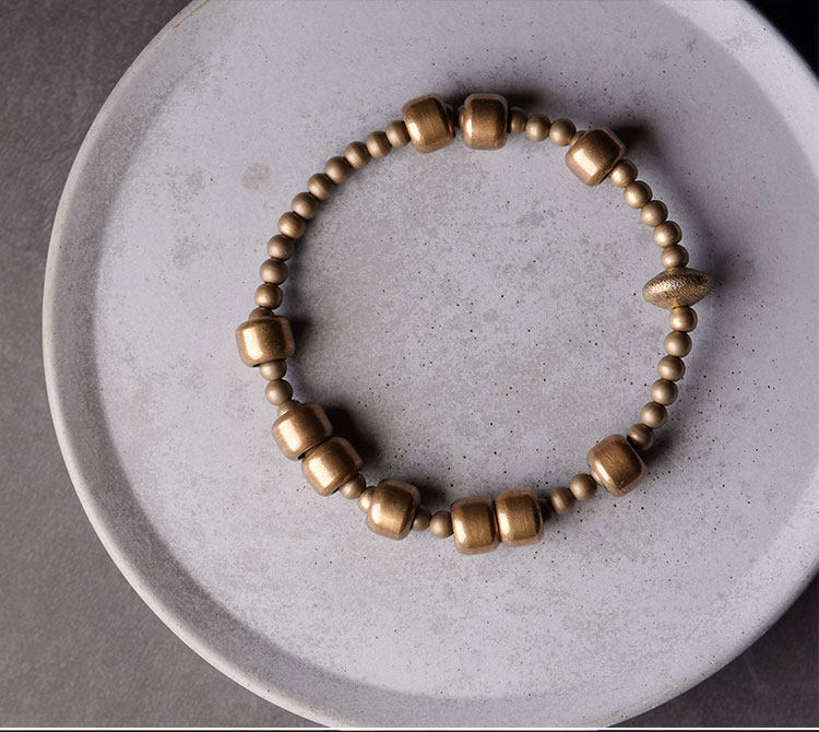 Antique Distressed Brass Beaded Bracelet with Sliding 8mm Cylinders