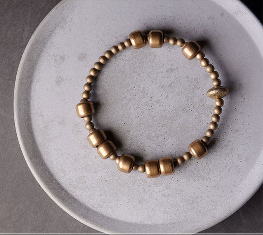 Antique Distressed Brass Beaded Bracelet with Sliding 8mm Cylinders