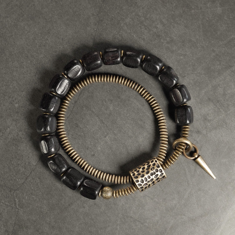 Black Ebony Wood & Coiled Brass 2-Wrap Bracelet with Spike Charm (Industrial Style)