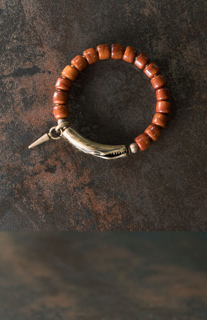 Hand-Carved Ox Bone Bracelet with Curved Brass Tube & Spike Charm (Vintage Style)