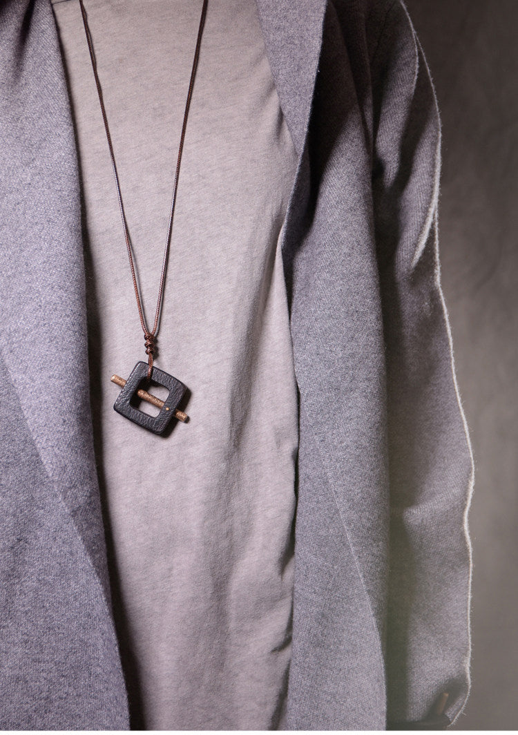 Geometric Ebony and Hammered Brass Wooden Necklace