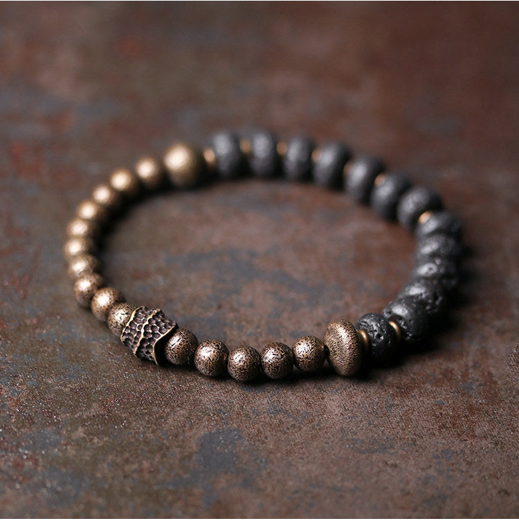 Men's Black Bead Bracelet with Antique Distressed Copper-Tone Brass
