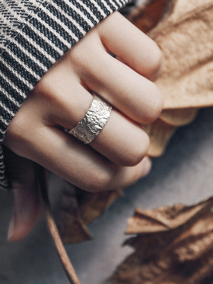 Artisan Raw Texture 925 Sterling Silver Wide Band