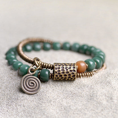 Double-Layer Buddha Bracelet with Green Yinpi Bodhi Beads & Vintage Brass