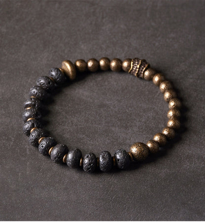Men's Black Bead Bracelet with Antique Distressed Copper-Tone Brass
