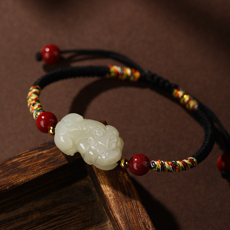Sacred Guardian Hetian Jade Pixiu & Cinnabar Red String Bracelet