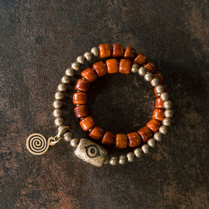 Hand-Carved Ox Bone & Vintage Brass 2-Wrap Bracelet with Wisdom Eye Tube