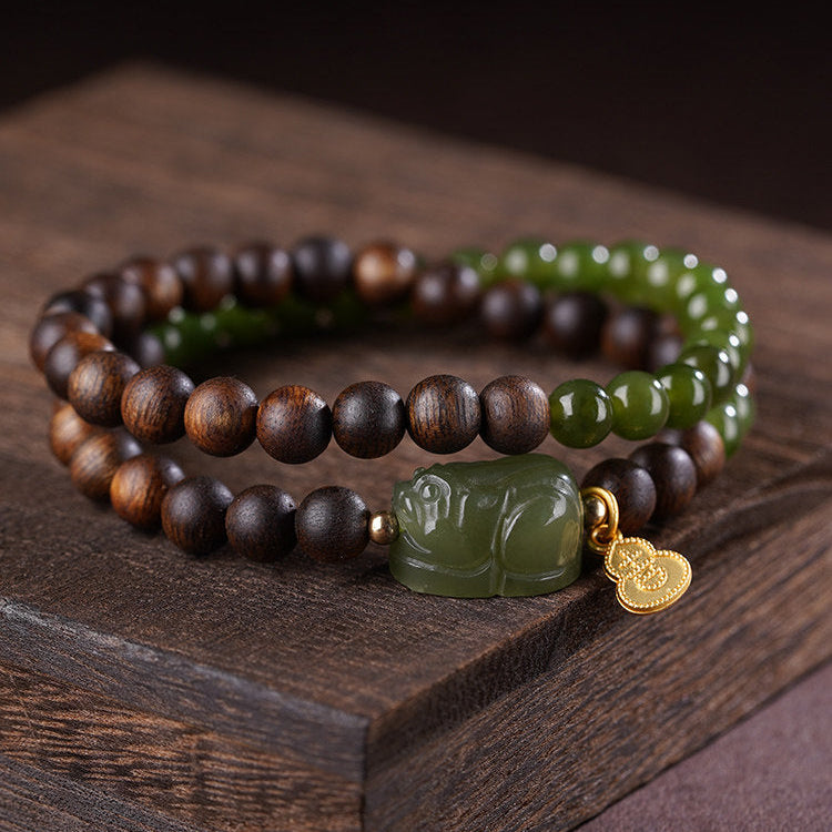 Sacred Union Agarwood & Hetian Jade Bracelet with Silver Pixiu Charm