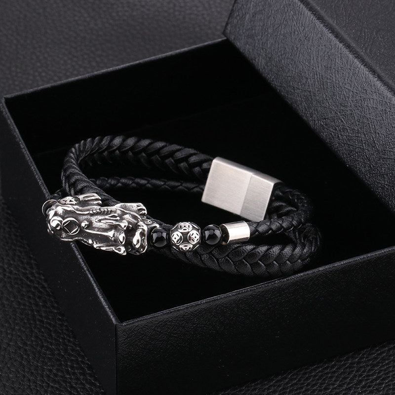 Titanium Steel Pixiu Guardian Braided Leather Bracelet