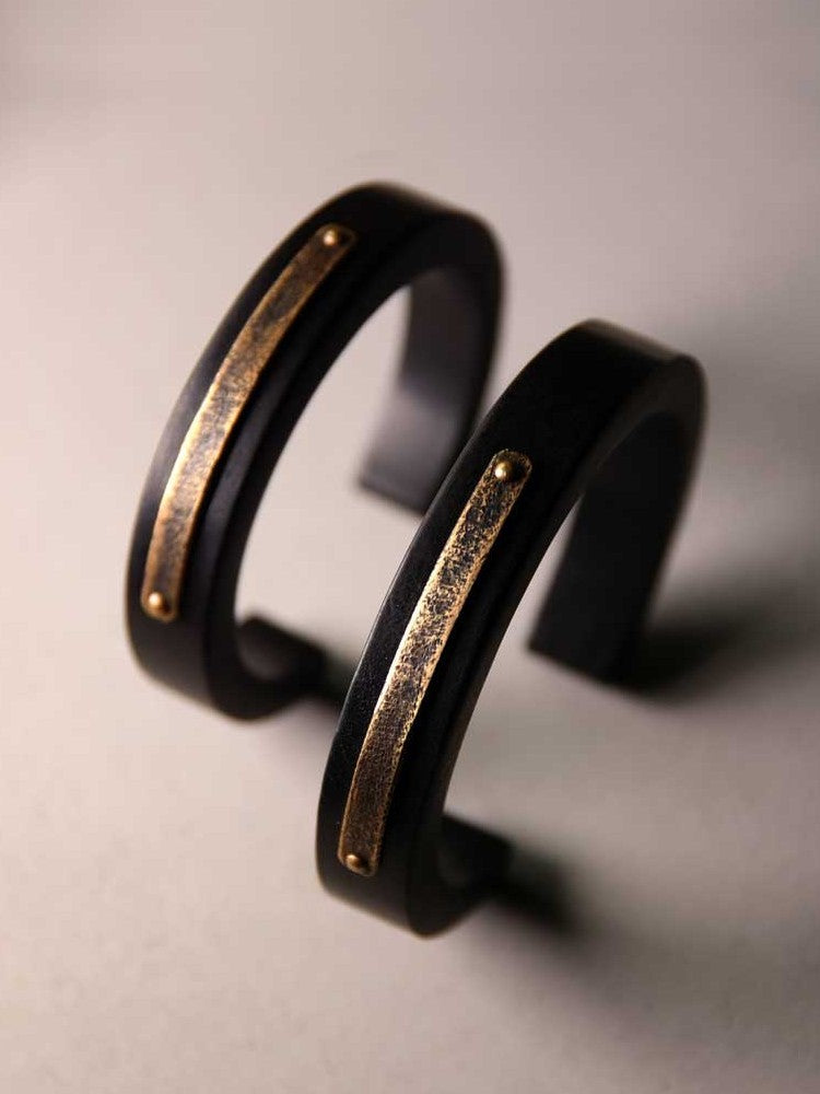 Ergonomic Ebony Wood and Vintage Brass Cuff Bracelet