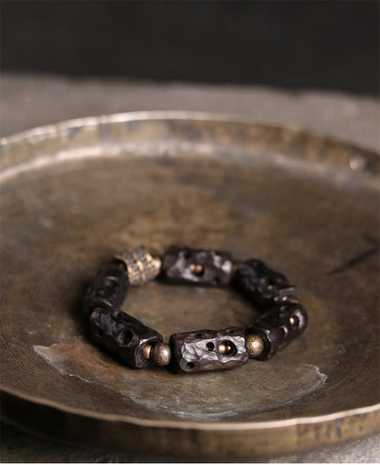 Tibetan Style Hand-Carved Ebony Wood & Textured Brass Cylinder Bracelet