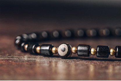 Handmade 3-Wrap Ebony Wooden Bead Bracelet with Antique Hammered Brass