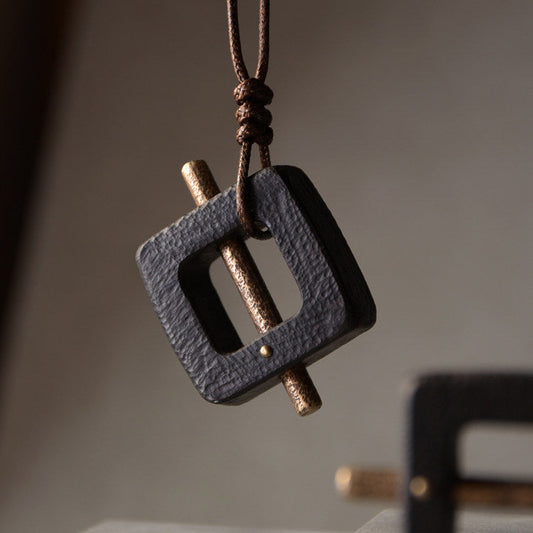 Geometric Ebony and Hammered Brass Wooden Necklace