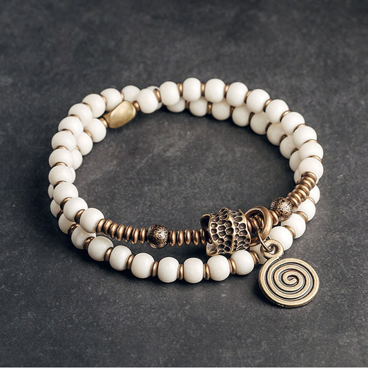 Double-Layer White Deer Bone Buddha Bracelet with Vintage Brass Accents