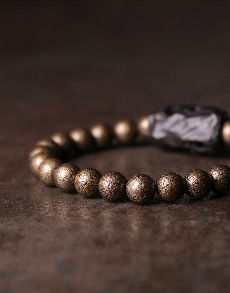 Hand-Carved Ebony and Textured Brass Beaded Bracelet for Men