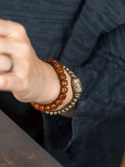 Hand-Carved Ox Bone & Vintage Brass 2-Wrap Bracelet with Wisdom Eye Tube