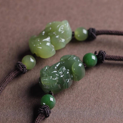Artisan Hetian Green Jade Pixiu Necklace (Certified)