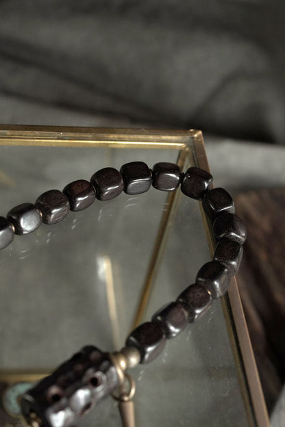 Black Rutilated Quartz & Hand-Carved Ebony Wood Bracelet with Brass Spike (Half & Half Style)