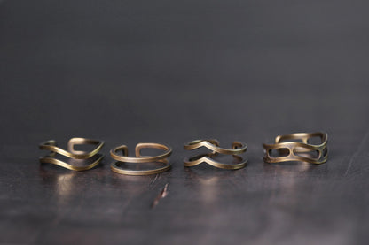 Artisan Double-Layered Wavy & V-Shape Brass Rings