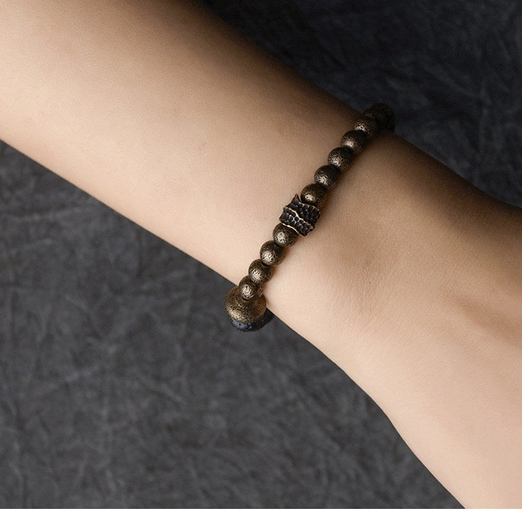 Men's Black Bead Bracelet with Antique Distressed Copper-Tone Brass