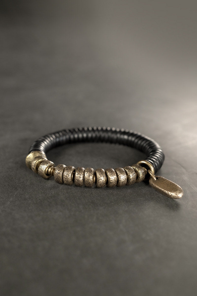 Black Ebony Wood & Textured Vintage Brass Heishi Bracelet (Industrial Style)