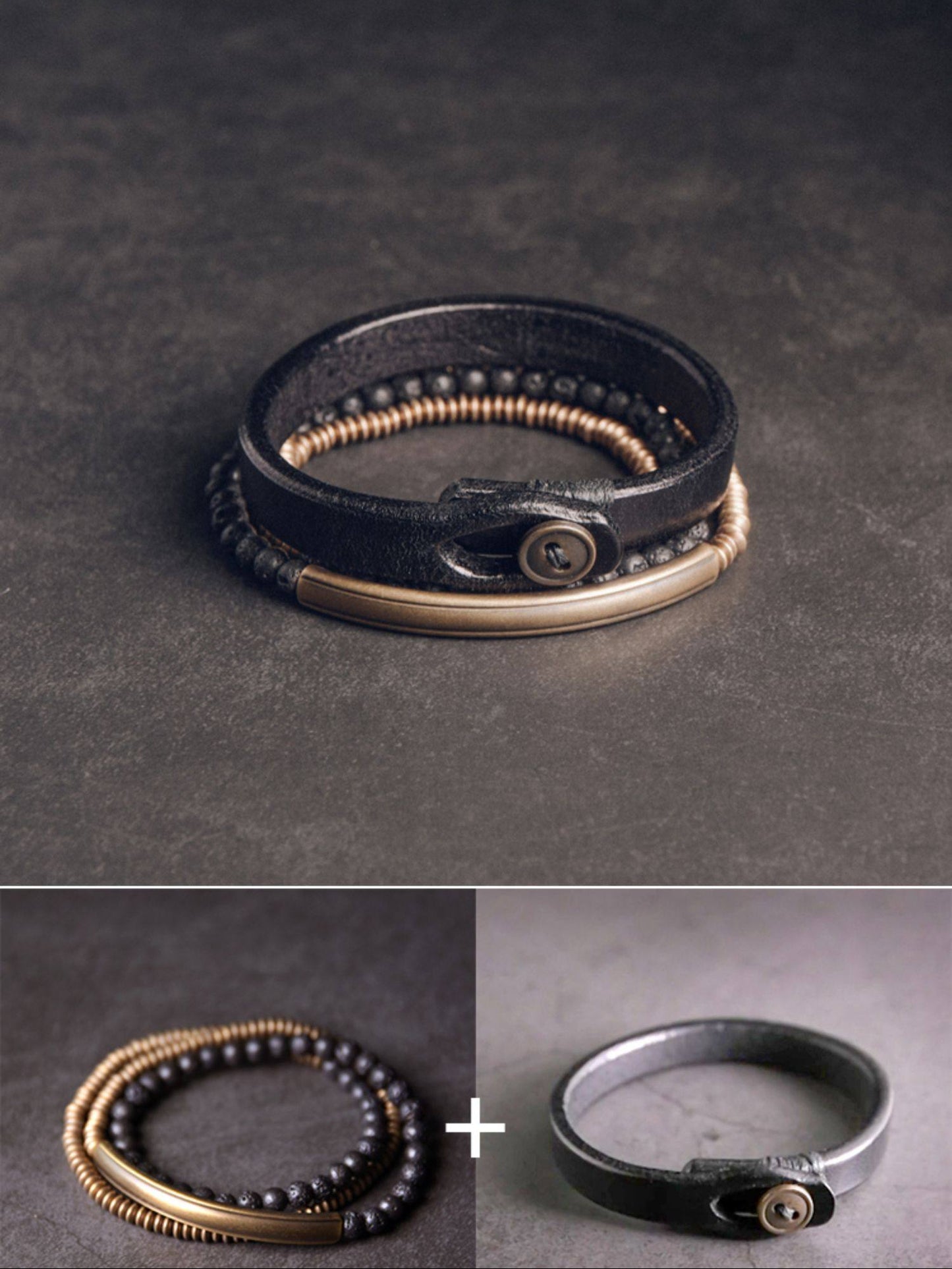 Volcanic Soul: Lava Stone & Brass Beaded Bracelet with Leather Wrap Set