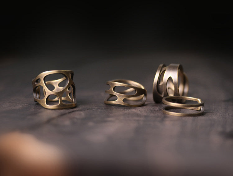 Hand-Forged Antique Brass Abstract Hollow-Out Rings