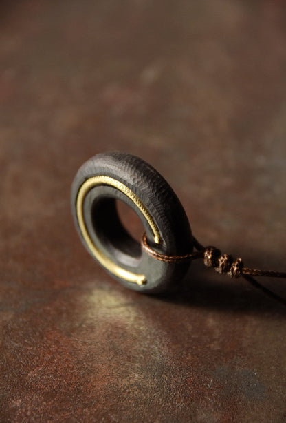 Hand-Carved Ebony and Vintage Brass Wood Pendant Necklace