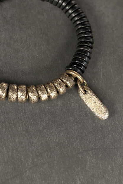 Black Ebony Wood & Textured Vintage Brass Heishi Bracelet (Industrial Style)