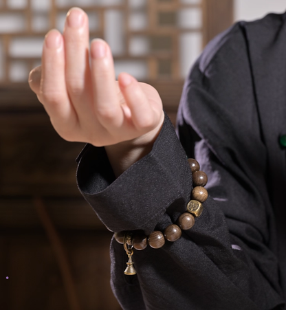 Golden Silk Phoebe Wood Buddha Beads Mala | Copper Bracelet with Dzi for Protection & Wisdom