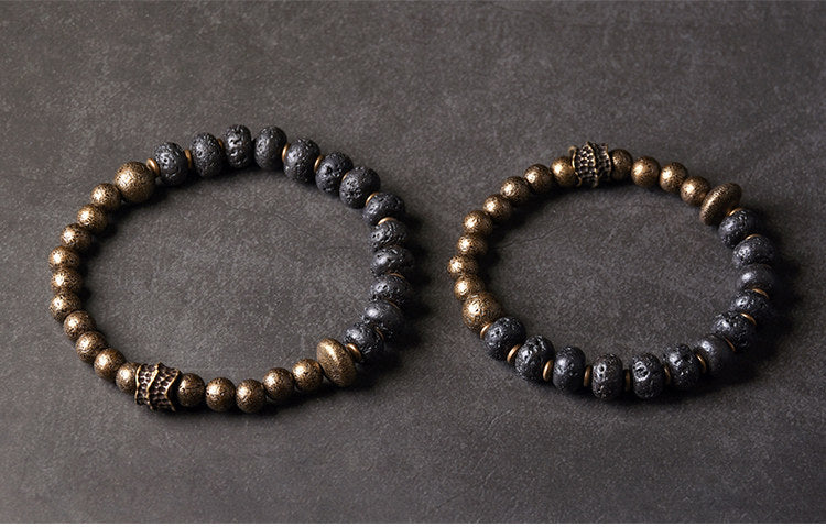 Men's Black Bead Bracelet with Antique Distressed Copper-Tone Brass