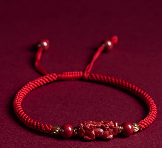 Carved Cinnabar & Red String Fengshui Bracelet for Luck & Protection