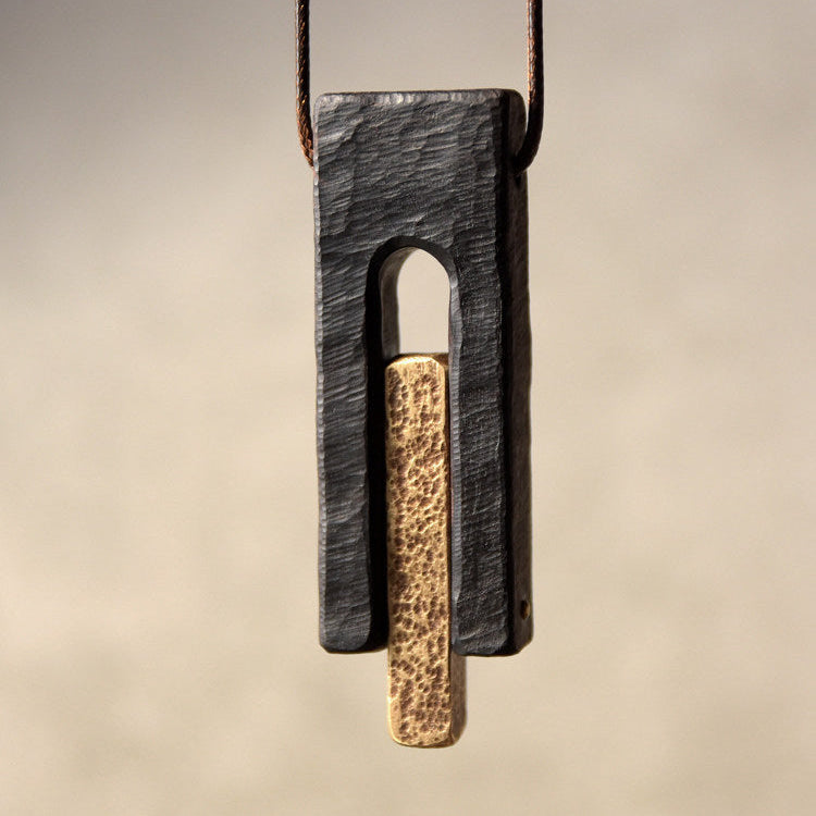 Artisan Hammered Brass and Ebony Vintage Wood Necklace