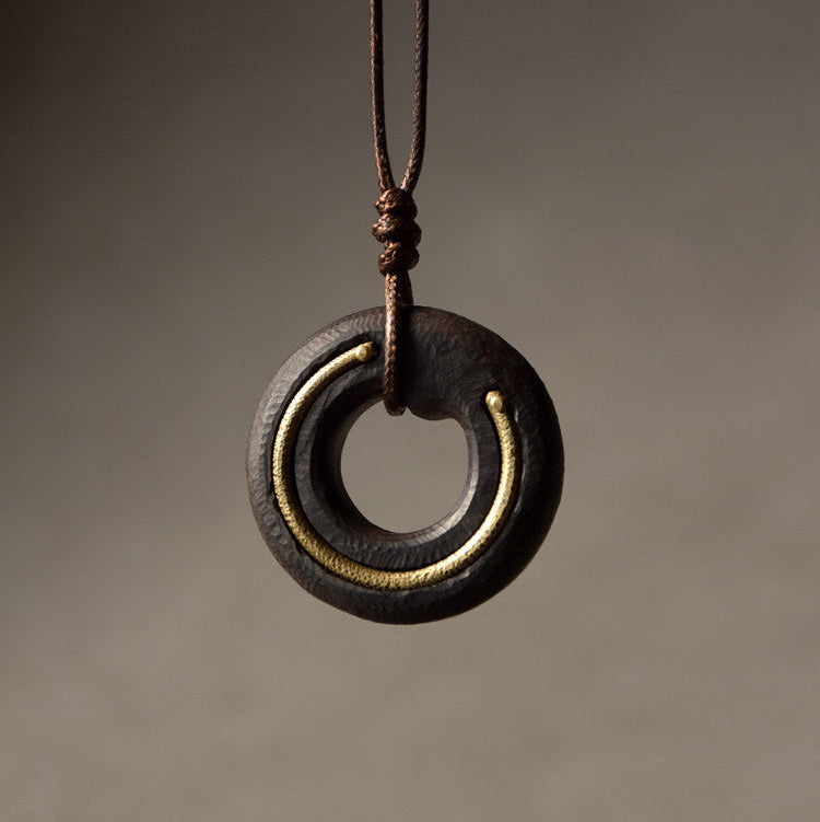 Hand-Carved Ebony and Vintage Brass Wood Pendant Necklace