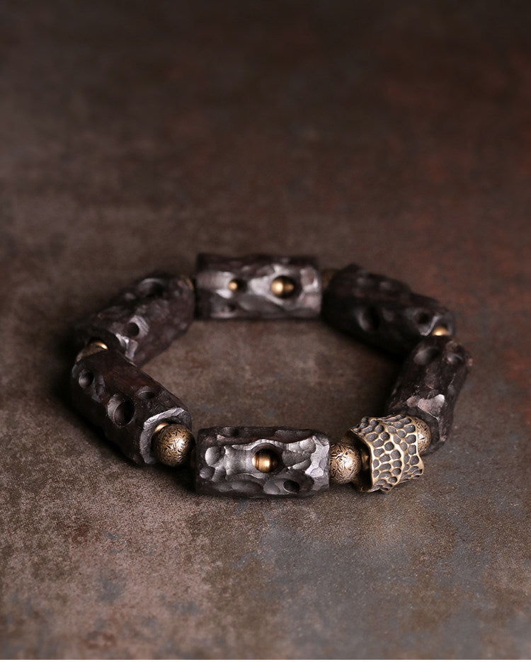 Tibetan Style Hand-Carved Ebony Wood & Textured Brass Cylinder Bracelet