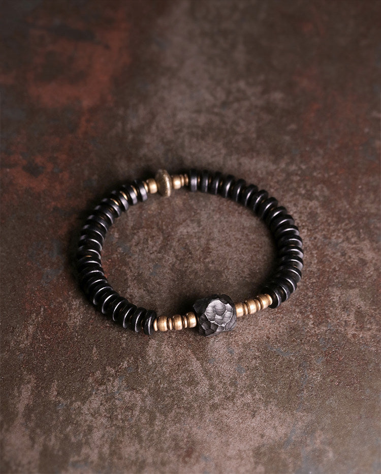 Hand-Hammered Ebony Wood and Vintage Brass Beaded Bracelet