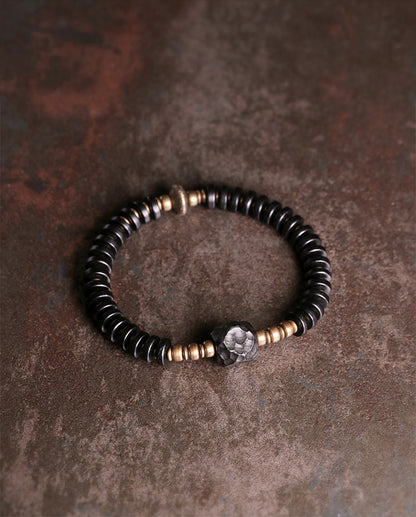 Hand-Hammered Ebony Wood and Vintage Brass Beaded Bracelet