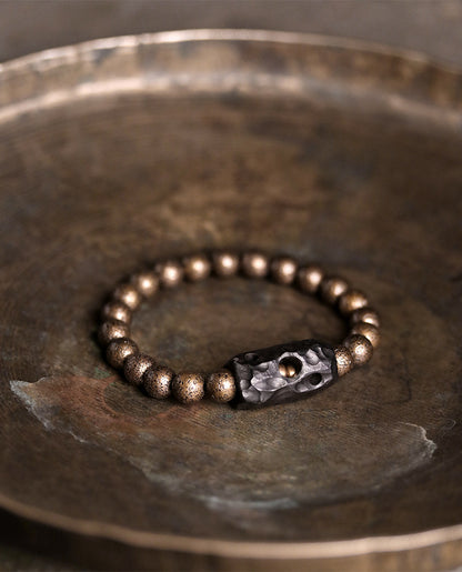 Hand-Carved Ebony and Textured Brass Beaded Bracelet for Men