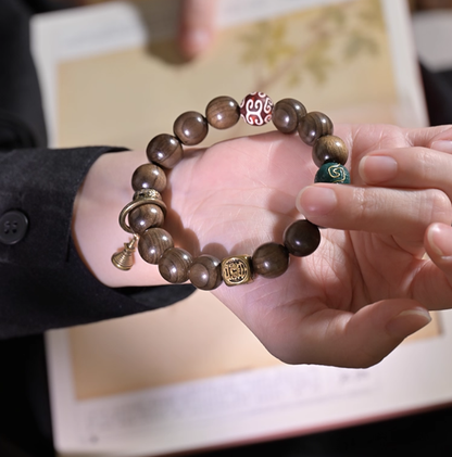 Golden Silk Phoebe Wood Buddha Beads Mala | Copper Bracelet with Dzi for Protection & Wisdom