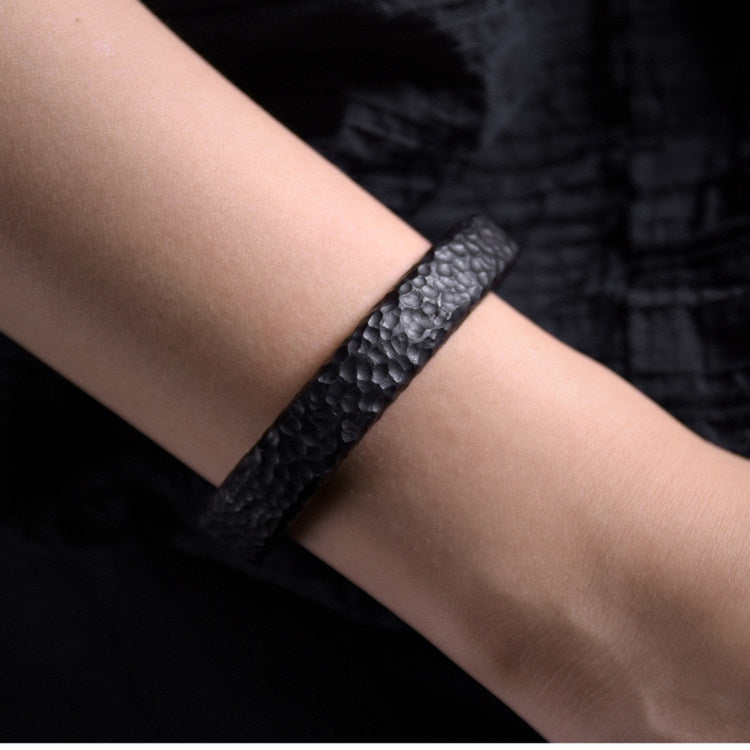 Hand-Carved African Ebony Cuff Bracelet with Meteorite Crater Texture