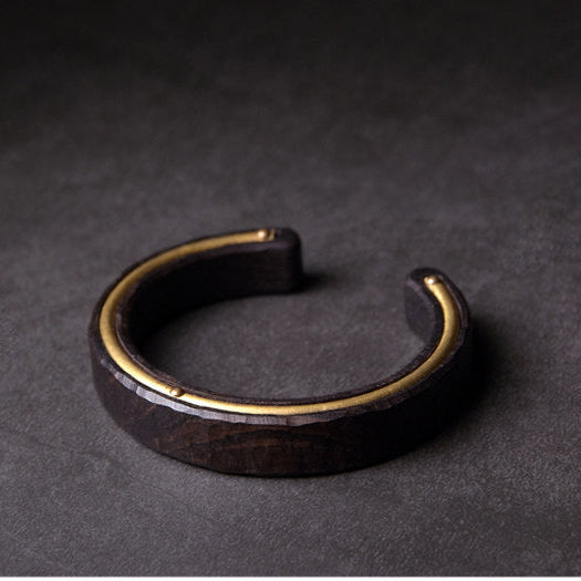 Hand-Textured African Ebony Cuff Bracelet with Seamless Brass Inlay