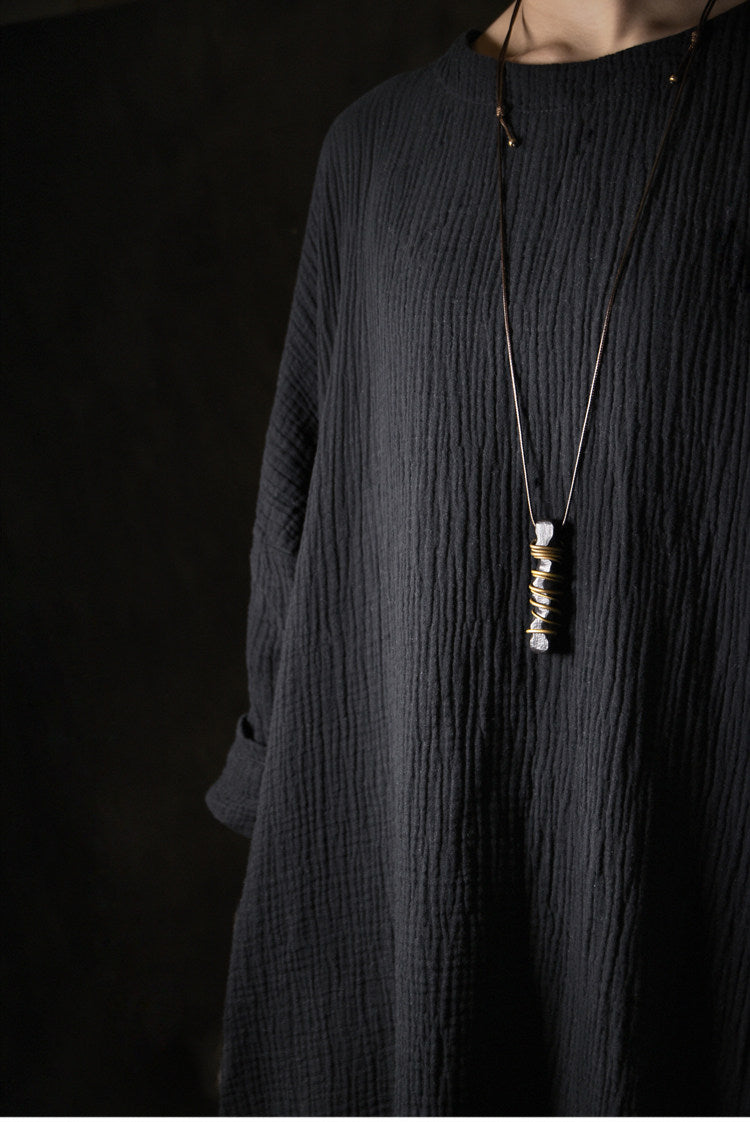 Hand-Carved Ebony and Vintage Brass Wood Pendant Necklace