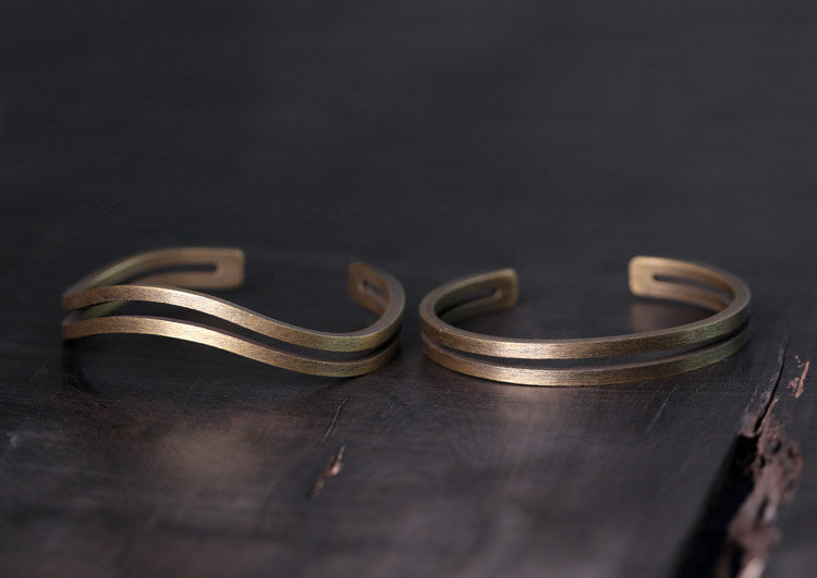 Artisan Dual-Line Minimalist Brass Cuff Bracelet