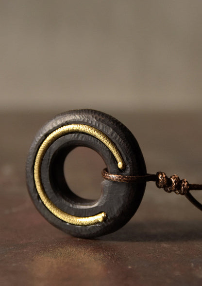 Hand-Carved Ebony and Vintage Brass Wood Pendant Necklace
