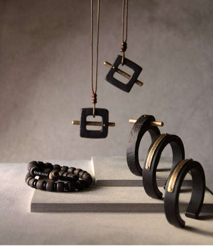 Geometric Ebony and Hammered Brass Wooden Necklace