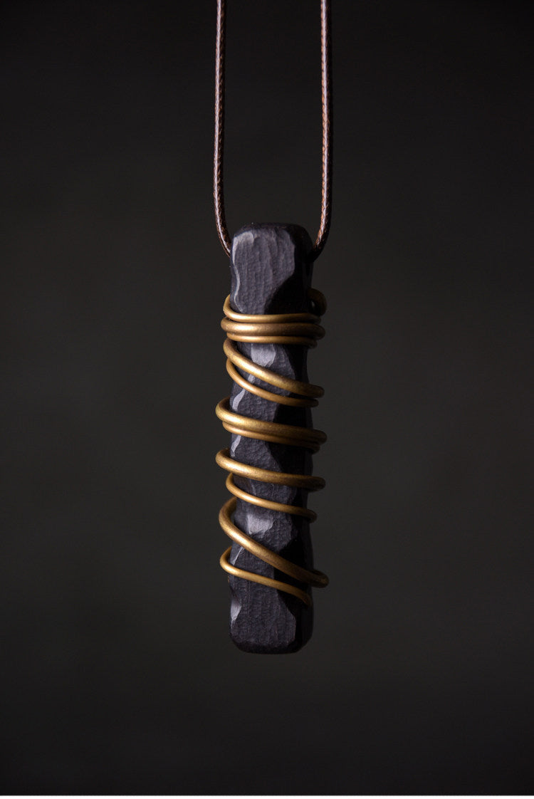 Hand-Carved Ebony and Vintage Brass Wood Pendant Necklace