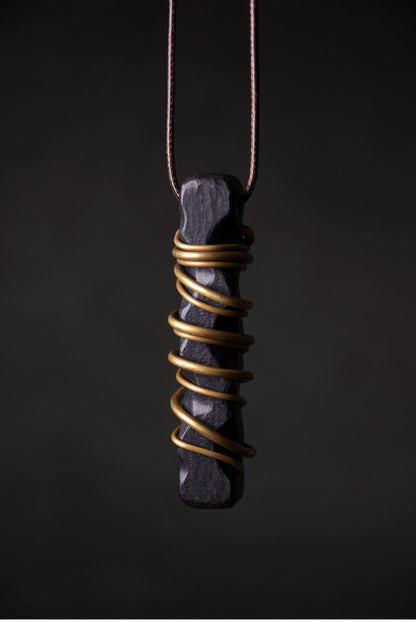 Hand-Carved Ebony and Vintage Brass Wood Pendant Necklace